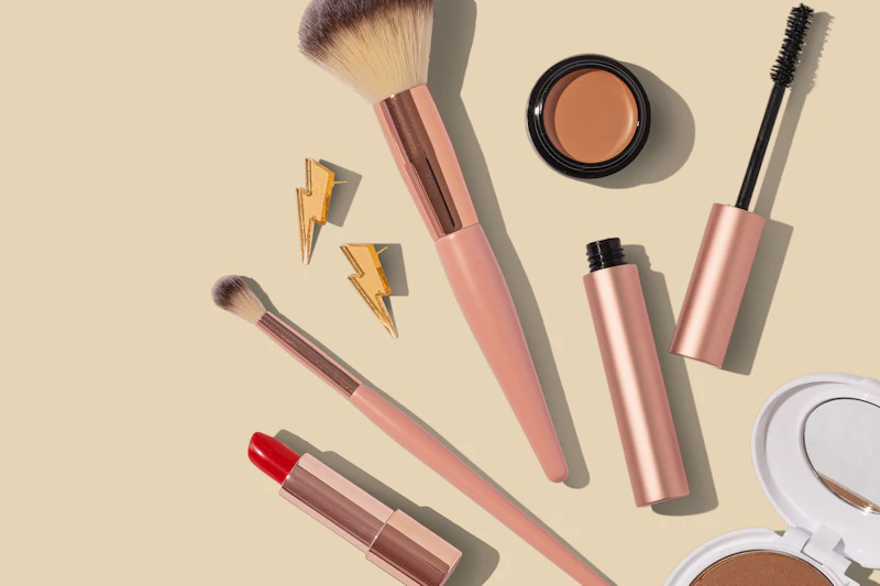 Pinceles de maquillaje rosas con colorete, máscara de pestañas y labial