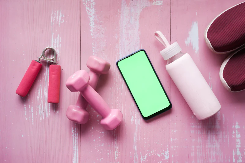 Accesorios de ejercicio rosas: mancuernas, ejercitador de mano, botella y móvil