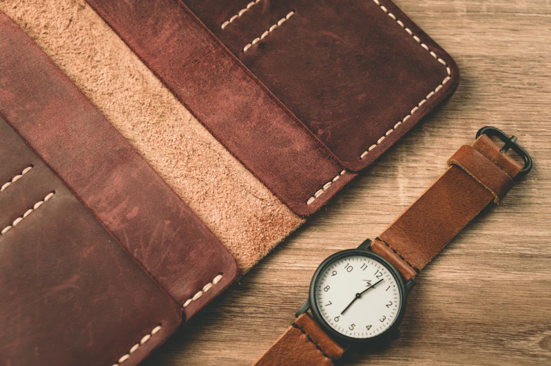 Reloj con correa de piel junto a una cartera de cuero